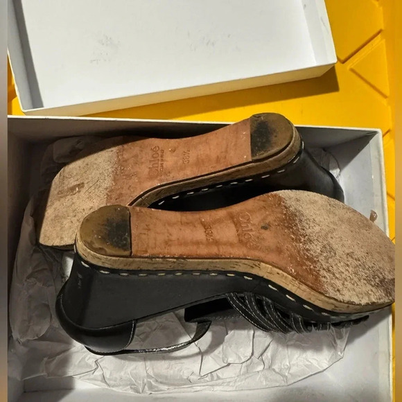 CHLOE Marcie Black Leather T-Strap Platform High Heel Wedge Sandal Size 38 1/2 - Picture 8 of 10